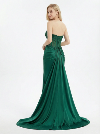 Sexy Off Shoulder Beaded Corset Prom Dress Ruched Satin Mermaid Gown with High Slit