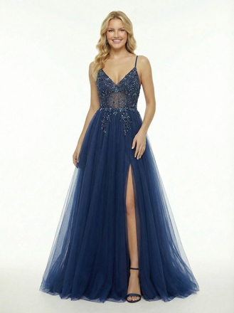 Cut Out V-Neck Beaded Tulle Prom Dress Sleeveless A-Line Gown with Sexy High Slit