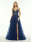 Cut Out V-Neck Beaded Tulle Prom Dress Sleeveless A-Line Gown with Sexy High Slit