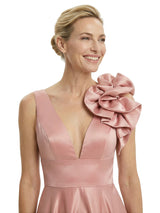 Elegant V-Neck Satin A-Line Mother Of The Bride Dress With Floral Detail