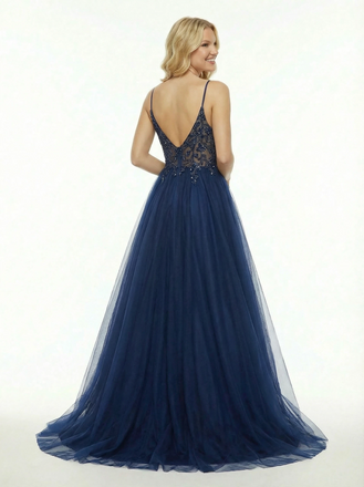 Cut Out V-Neck Beaded Tulle Prom Dress Sleeveless A-Line Gown with Sexy High Slit