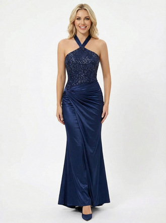 Glamorous Halter Neck Top Sequin Prom Dress Ruched Satin Mermaid Gown