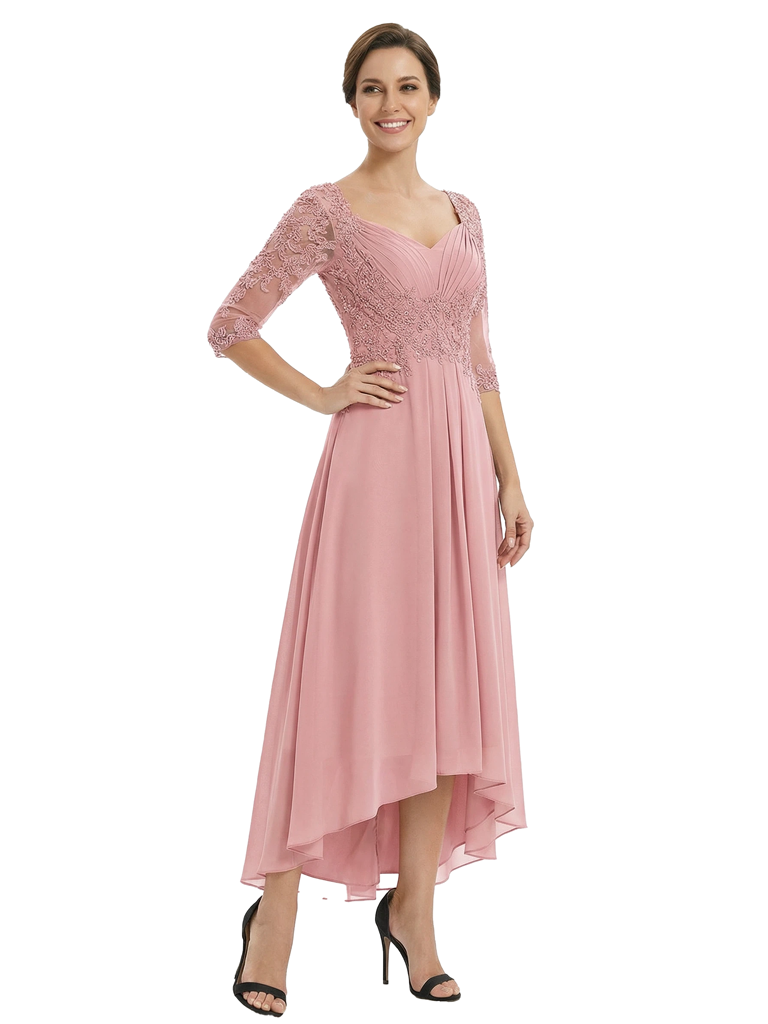 Chicsew Elegant V-Neck Lace Appliques High-Low A-Line Chiffon Mother of The Bride Dress