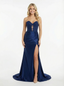 Elegant Strapless Lace Corset Prom Dress Ruched Satin Mermaid Gown with High Slit