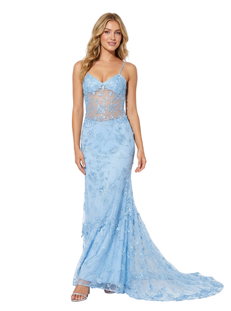 Sexy Spaghetti Straps V-Neck Lace See Through Mermaid Floor-Length Prom Gown