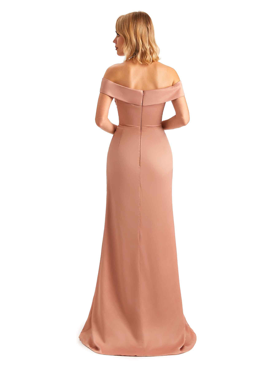 Off The Shoulder Side Slit Mermaid Silky Satin Unique Long Formal Wedding Guest Dresses