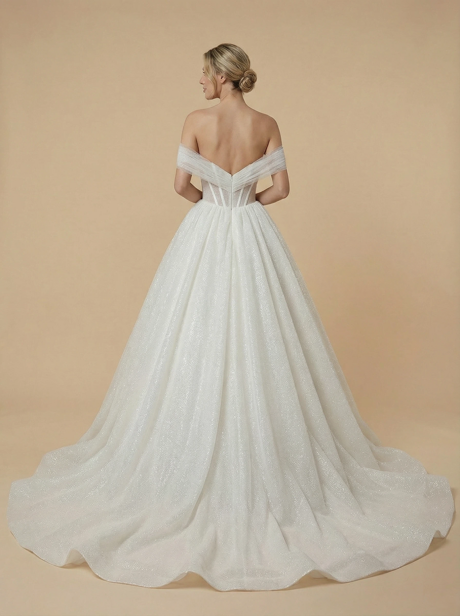 Shiny A-Line Off Shoulder Boning Maxi Long Sequin Wedding Dresses Online
