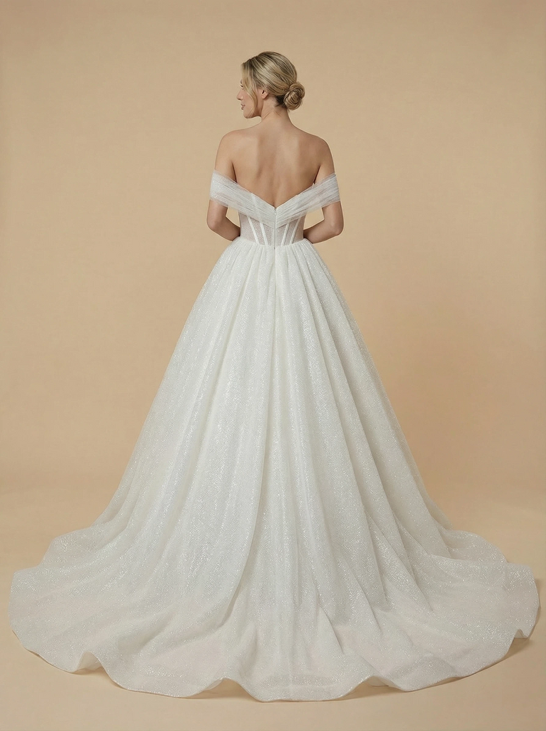Shiny A-Line Off Shoulder Boning Maxi Long Sequin Wedding Dresses Online