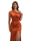 Sexy One Shoulder Mermaid Soft Satin Unique Long Bridesmaid Dresses Slit
