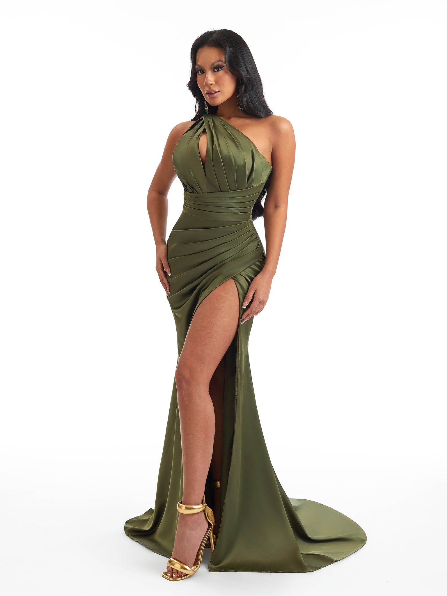 Sexy One Shoulder Mermaid Satin Ruched Long Bridesmaid Dresses Online Side Slit