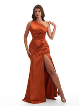 Sexy One Shoulder Mermaid Soft Satin Unique Long Bridesmaid Dresses Slit