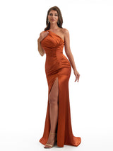 Sexy One Shoulder Mermaid Soft Satin Unique Long Bridesmaid Dresses Slit