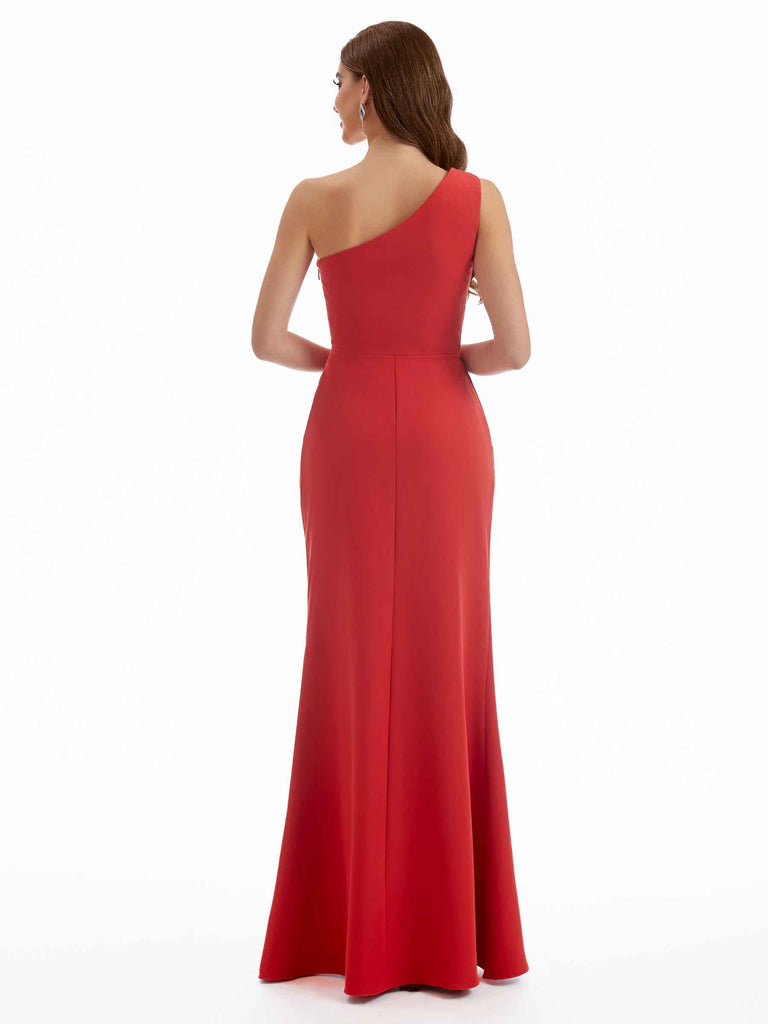 Sexy Side Split One Shoulder Stretchy Crepe Long Mermaid Bridesmaid Dresses