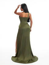 Sexy One Shoulder Mermaid Satin Ruched Long Bridesmaid Dresses Online Side Slit