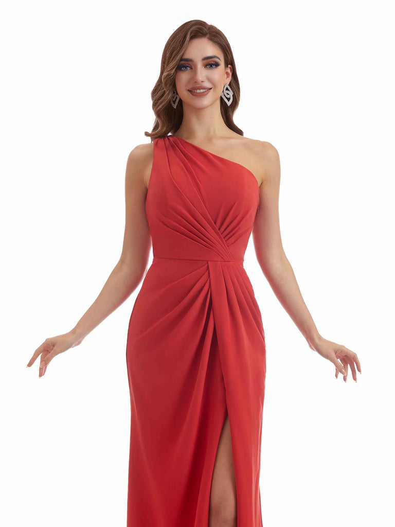 Sexy Side Split One Shoulder Stretchy Crepe Long Mermaid Bridesmaid Dresses