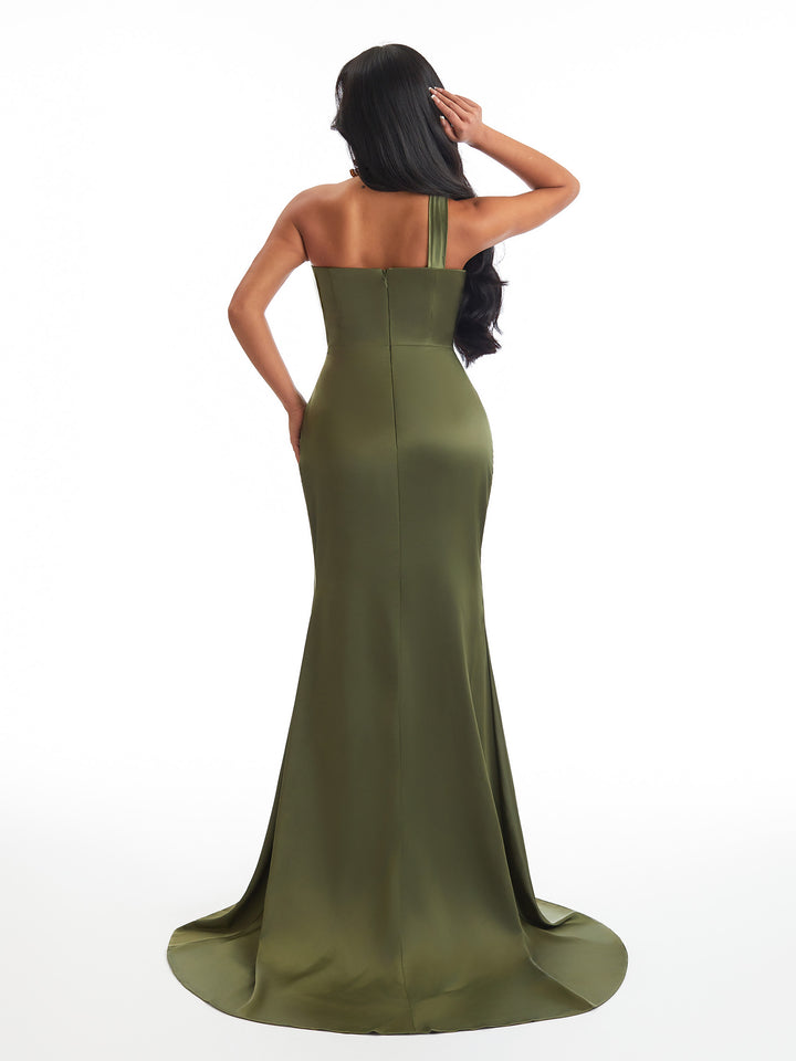 Sexy One Shoulder Mermaid Satin Ruched Long Bridesmaid Dresses Online Side Slit