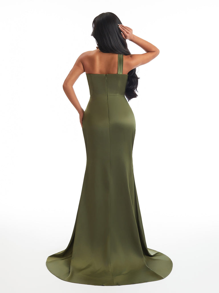 Sexy One Shoulder Mermaid Satin Ruched Long Bridesmaid Dresses Online Side Slit