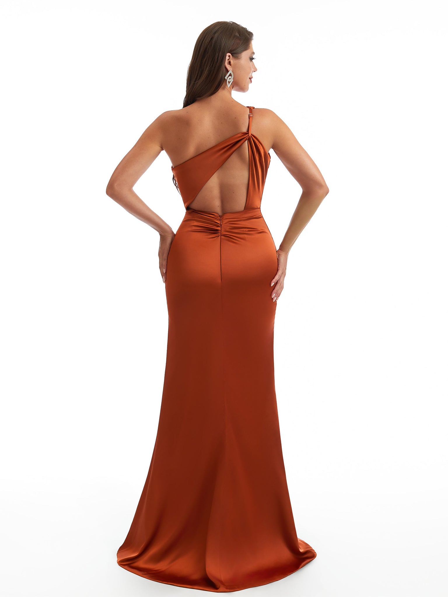 Sexy One Shoulder Mermaid Soft Satin Unique Long Bridesmaid Dresses Slit