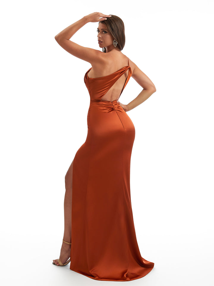 Sexy One Shoulder Mermaid Soft Satin Unique Long Bridesmaid Dresses Slit