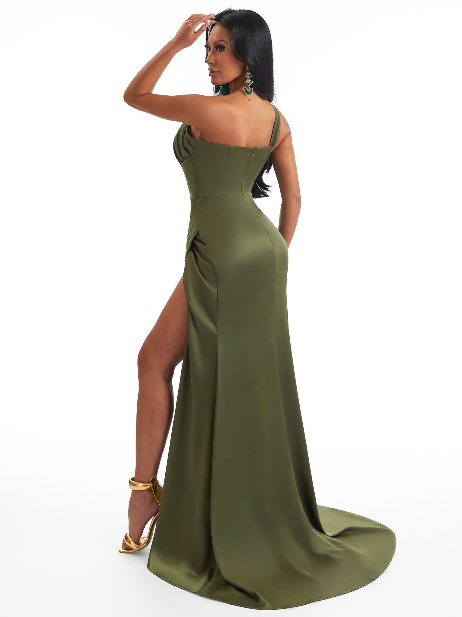 Sexy One Shoulder Mermaid Satin Ruched Long Bridesmaid Dresses Online Side Slit