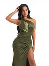 Sexy One Shoulder Mermaid Satin Ruched Long Bridesmaid Dresses Online Side Slit