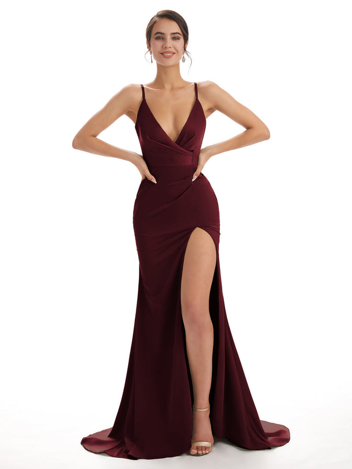 Sexy Soft Satin Side Slit Spaghetti Straps V-Neck Floor-Length Mermaid Bridesmaid Dresses In Stock