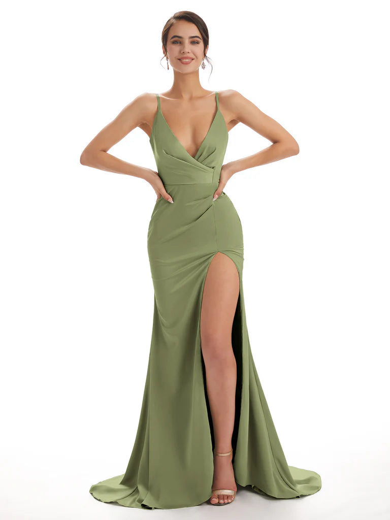 Sexy Soft Satin Side Slit Spaghetti Straps V-Neck Floor-Length Mermaid Bridesmaid Dresses In Stock