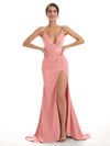 Sexy Soft Satin Side Slit Spaghetti Straps V-Neck Floor-Length Mermaid Bridesmaid Dresses In Stock