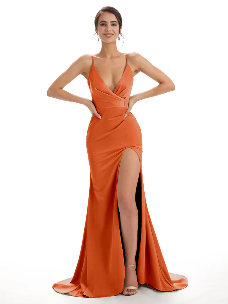 Sexy Soft Satin Side Slit Spaghetti Straps V-Neck Floor-Length Mermaid Bridesmaid Dresses In Stock