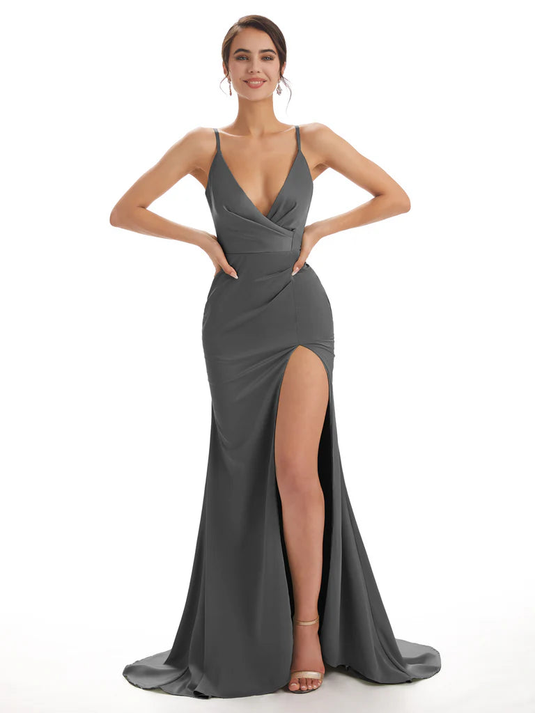 Sexy Soft Satin Side Slit Spaghetti Straps V-Neck Floor-Length Mermaid Bridesmaid Dresses In Stock