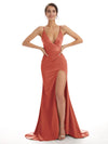 Sexy Soft Satin Side Slit Spaghetti Straps V-Neck Floor-Length Mermaid Bridesmaid Dresses In Stock