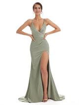 Sexy Side Slit Spaghetti Straps V-neck Long Mermaid Satin Womens Wedding Guest Dresses