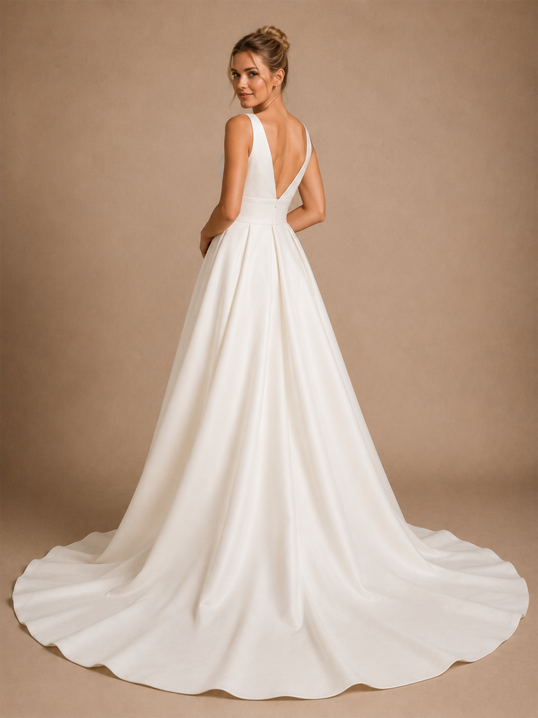 ChicSew Classy Elegant V-Neck Sleeveless Satin A-Line Maxi Long Wedding Dress