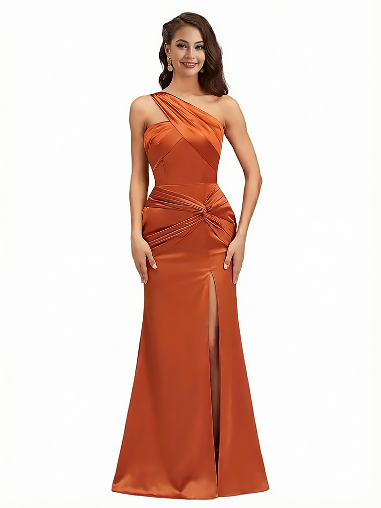 Sexy Side Slit One Shoulder Satin Mermaid Maxi Evening Gowns For Women With Twisted Knot