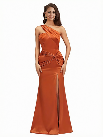 Sexy Side Slit One Shoulder Satin Mermaid Maxi Evening Gowns For Women With Twisted Knot