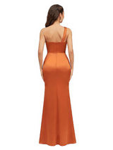Sexy Side Slit One Shoulder Satin Mermaid Maxi Evening Gowns For Women With Twisted Knot