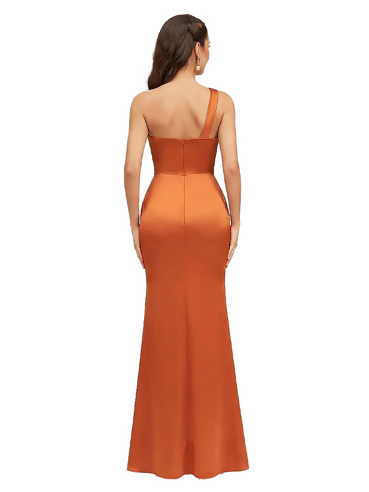 Sexy Side Slit One Shoulder Satin Mermaid Maxi Evening Gowns For Women With Twisted Knot