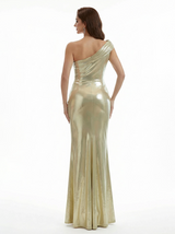 Elegant One Shoulder Mermaid Metallic Shiny Fabric Long Formal Dresses