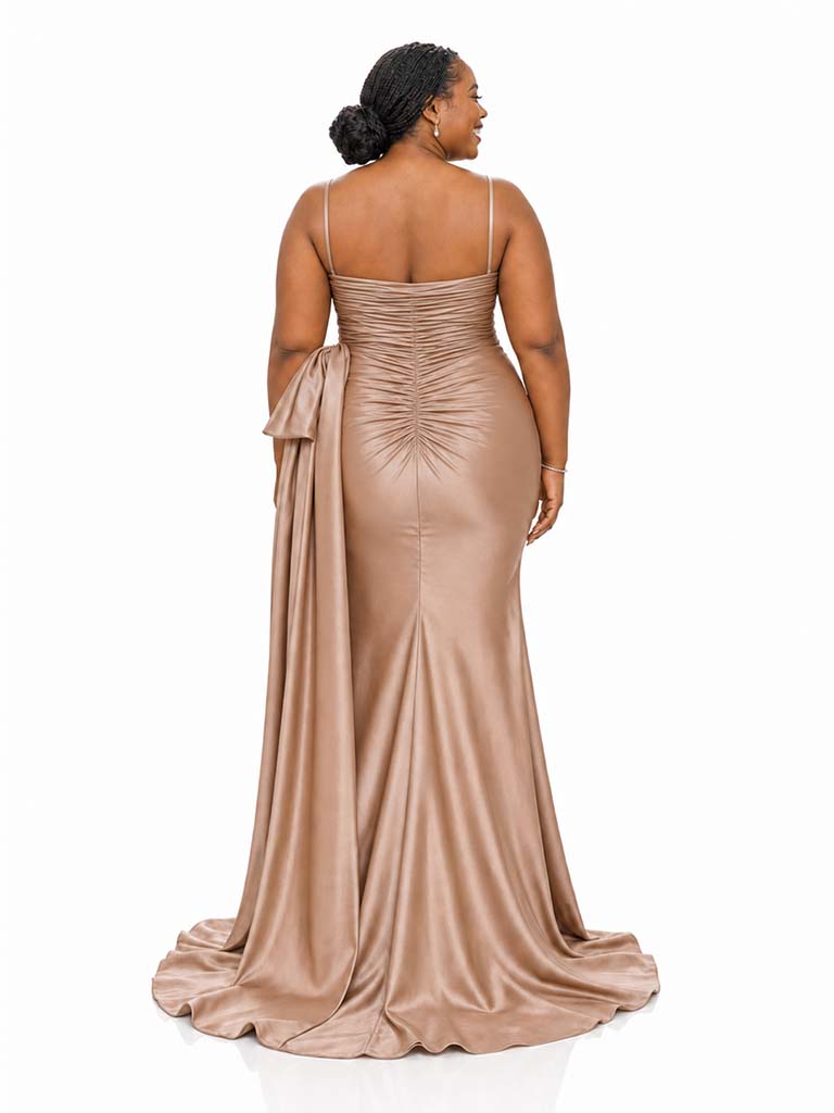 ChicSew Spaghetti Straps Soft Satin Mermaid Ruched Side Slit Floor-Length Bridesmaid Dresses With Bow