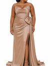ChicSew Spaghetti Straps Soft Satin Mermaid Ruched Side Slit Floor-Length Bridesmaid Dresses With Bow