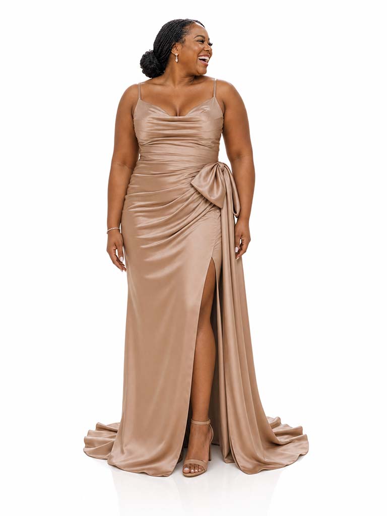 ChicSew Spaghetti Straps Soft Satin Mermaid Ruched Side Slit Floor-Length Bridesmaid Dresses With Bow