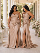 ChicSew Spaghetti Straps Soft Satin Mermaid Ruched Side Slit Floor-Length Bridesmaid Dresses With Bow