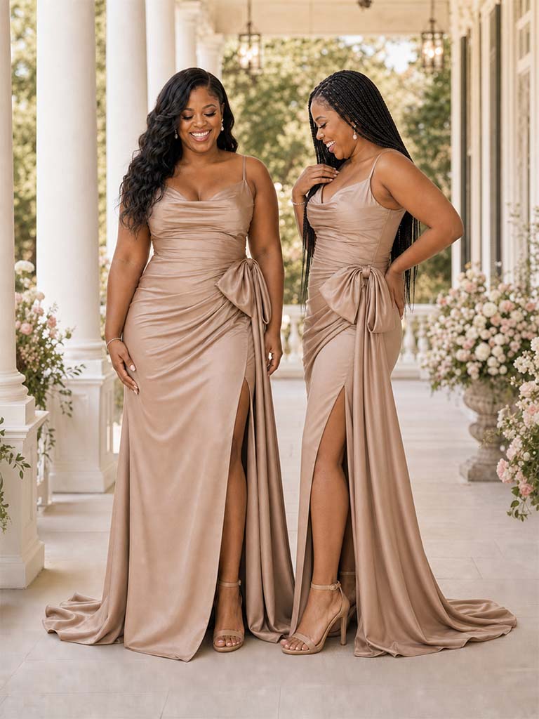 ChicSew Spaghetti Straps Soft Satin Mermaid Ruched Side Slit Floor-Length Bridesmaid Dresses With Bow