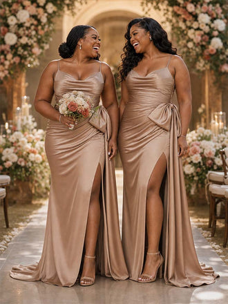 ChicSew Spaghetti Straps Soft Satin Mermaid Ruched Side Slit Floor-Length Bridesmaid Dresses With Bow