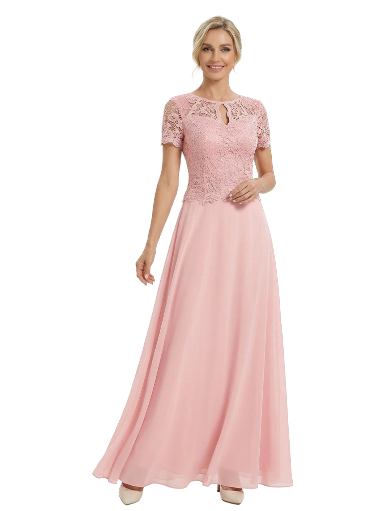 Beautiful Short Sleeves Lace Top A-Line Floor-Length Chiffon Mother Of The Bride Dress