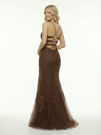 Classy Lace Prom Dress V-Neck Mermaid Sequined Tulle Gown with Front Slit