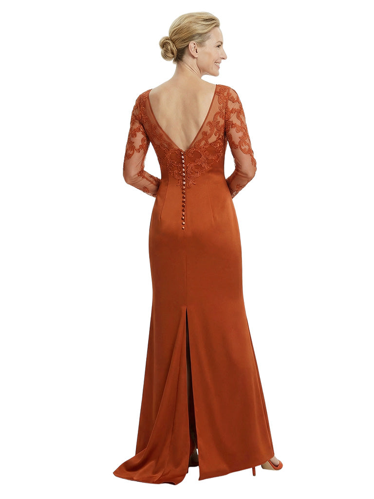 Chicsew Stylish Lace Appliques Long Sleeves Satin Mermaid Mother of The Bride Dresses