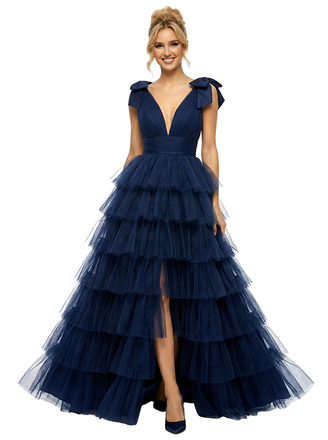 Beautiful Spaghetti Straps V-Neck Slit Bow Knot A-Line Tulle Formal Ball Gown Prom Dress