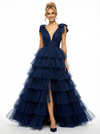 Sexy Deep V-Neck Tiered Ruffle Tulle Prom Dress Bow-Tie Straps High Slit Ball Gown