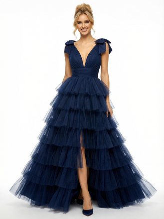 Sexy Deep V-Neck Tiered Ruffle Tulle Prom Dress Bow-Tie Straps High Slit Ball Gown